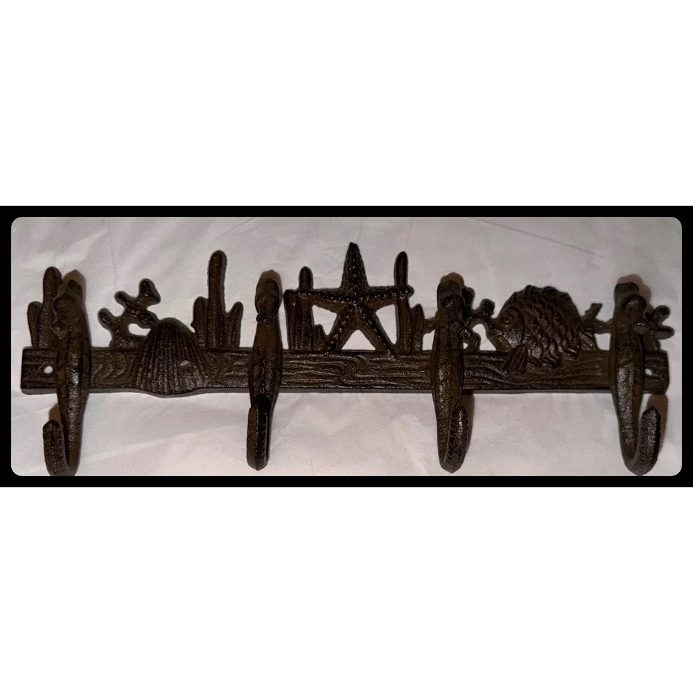 Cast Iron Sea Life Wall Hook Rack Brown Nautical Coastal Decor Heavy